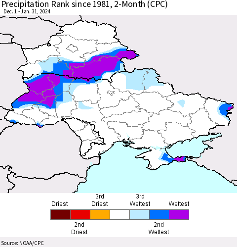 Ukraine, Moldova and Belarus Precipitation Rank since 1981, 2-Month (CPC) Thematic Map For 12/1/2023 - 1/31/2024