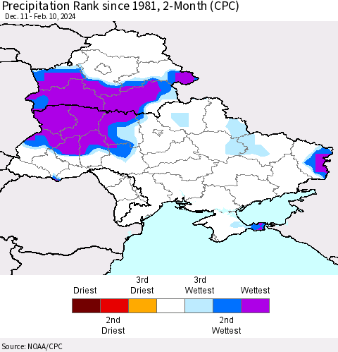Ukraine, Moldova and Belarus Precipitation Rank since 1981, 2-Month (CPC) Thematic Map For 12/11/2023 - 2/10/2024