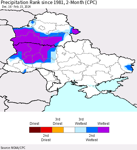 Ukraine, Moldova and Belarus Precipitation Rank since 1981, 2-Month (CPC) Thematic Map For 12/16/2023 - 2/15/2024