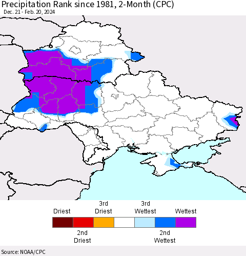 Ukraine, Moldova and Belarus Precipitation Rank since 1981, 2-Month (CPC) Thematic Map For 12/21/2023 - 2/20/2024