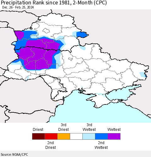 Ukraine, Moldova and Belarus Precipitation Rank since 1981, 2-Month (CPC) Thematic Map For 12/26/2023 - 2/25/2024