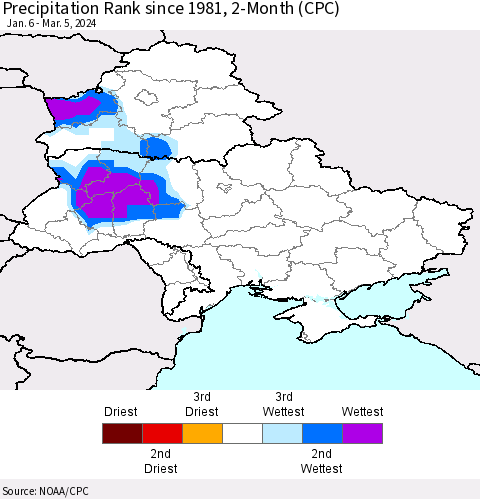 Ukraine, Moldova and Belarus Precipitation Rank since 1981, 2-Month (CPC) Thematic Map For 1/6/2024 - 3/5/2024
