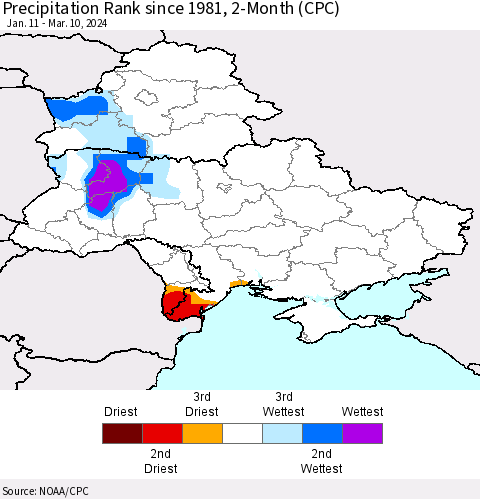 Ukraine, Moldova and Belarus Precipitation Rank since 1981, 2-Month (CPC) Thematic Map For 1/11/2024 - 3/10/2024