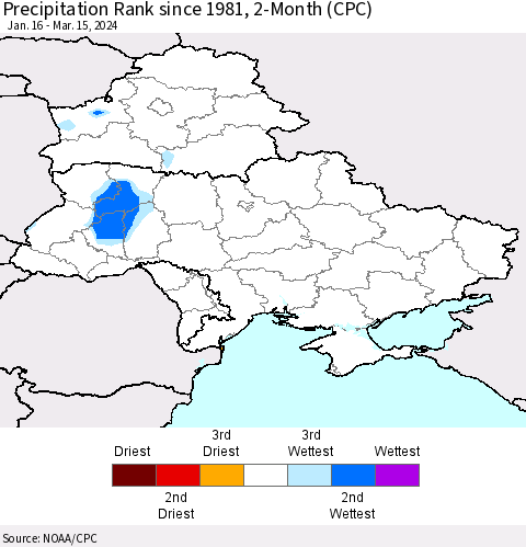 Ukraine, Moldova and Belarus Precipitation Rank since 1981, 2-Month (CPC) Thematic Map For 1/16/2024 - 3/15/2024