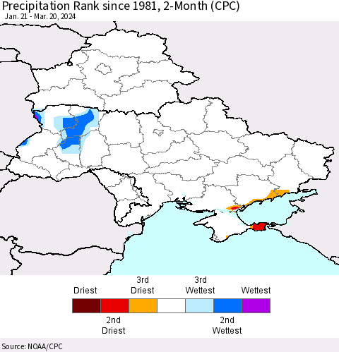 Ukraine, Moldova and Belarus Precipitation Rank since 1981, 2-Month (CPC) Thematic Map For 1/21/2024 - 3/20/2024