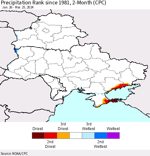 Ukraine, Moldova and Belarus Precipitation Rank since 1981, 2-Month (CPC) Thematic Map For 1/26/2024 - 3/25/2024