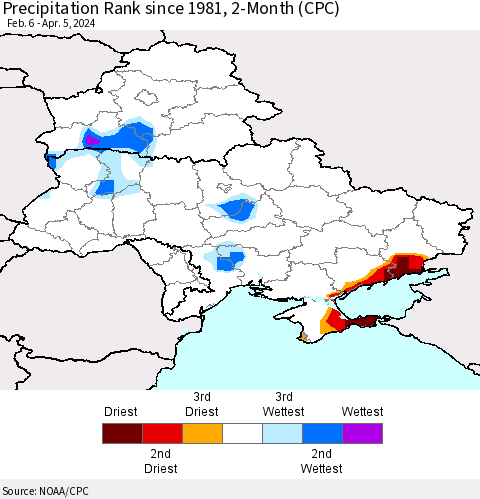 Ukraine, Moldova and Belarus Precipitation Rank since 1981, 2-Month (CPC) Thematic Map For 2/6/2024 - 4/5/2024