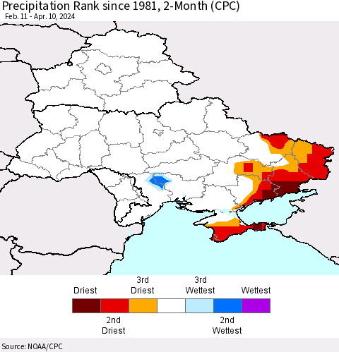 Ukraine, Moldova and Belarus Precipitation Rank since 1981, 2-Month (CPC) Thematic Map For 2/11/2024 - 4/10/2024