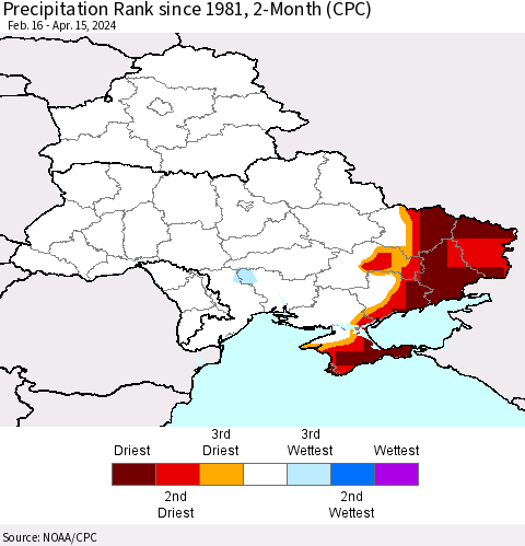 Ukraine, Moldova and Belarus Precipitation Rank since 1981, 2-Month (CPC) Thematic Map For 2/16/2024 - 4/15/2024