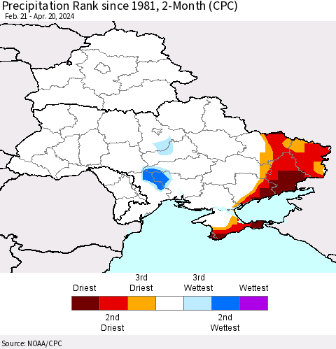Ukraine, Moldova and Belarus Precipitation Rank since 1981, 2-Month (CPC) Thematic Map For 2/21/2024 - 4/20/2024