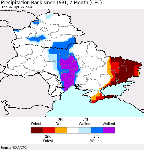 Ukraine, Moldova and Belarus Precipitation Rank since 1981, 2-Month (CPC) Thematic Map For 2/26/2024 - 4/25/2024
