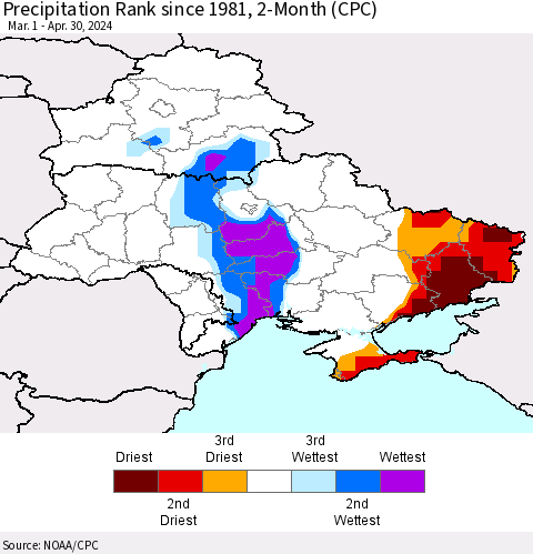 Ukraine, Moldova and Belarus Precipitation Rank since 1981, 2-Month (CPC) Thematic Map For 3/1/2024 - 4/30/2024