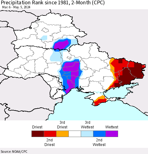Ukraine, Moldova and Belarus Precipitation Rank since 1981, 2-Month (CPC) Thematic Map For 3/6/2024 - 5/5/2024