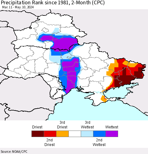 Ukraine, Moldova and Belarus Precipitation Rank since 1981, 2-Month (CPC) Thematic Map For 3/11/2024 - 5/10/2024