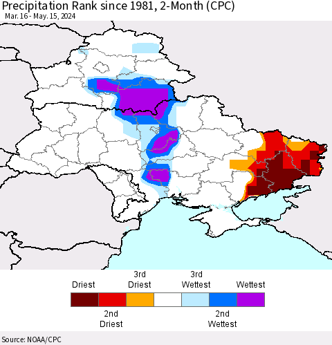 Ukraine, Moldova and Belarus Precipitation Rank since 1981, 2-Month (CPC) Thematic Map For 3/16/2024 - 5/15/2024