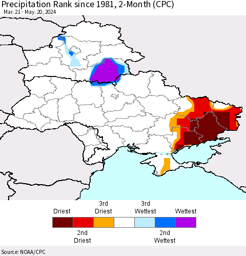 Ukraine, Moldova and Belarus Precipitation Rank since 1981, 2-Month (CPC) Thematic Map For 3/21/2024 - 5/20/2024