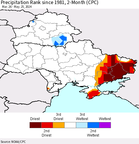 Ukraine, Moldova and Belarus Precipitation Rank since 1981, 2-Month (CPC) Thematic Map For 3/26/2024 - 5/25/2024