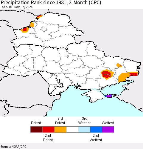 Ukraine, Moldova and Belarus Precipitation Rank since 1981, 2-Month (CPC) Thematic Map For 9/16/2024 - 11/15/2024
