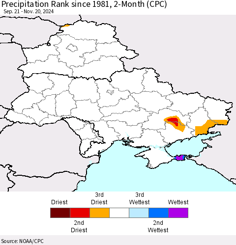 Ukraine, Moldova and Belarus Precipitation Rank since 1981, 2-Month (CPC) Thematic Map For 9/21/2024 - 11/20/2024