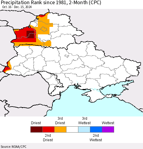 Ukraine, Moldova and Belarus Precipitation Rank since 1981, 2-Month (CPC) Thematic Map For 10/16/2024 - 12/15/2024