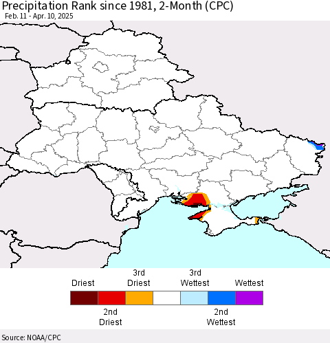 Ukraine, Moldova and Belarus Precipitation Rank since 1981, 2-Month (CPC) Thematic Map For 2/11/2025 - 4/10/2025