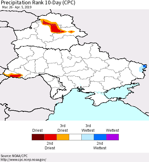 Ukraine, Moldova and Belarus Precipitation Rank 10-Day (CPC) Thematic Map For 3/26/2019 - 4/5/2019