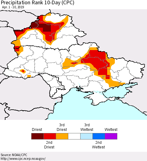 Ukraine, Moldova and Belarus Precipitation Rank since 1981, 10-Day (CPC) Thematic Map For 4/1/2019 - 4/10/2019