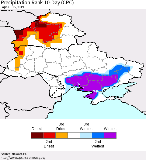 Ukraine, Moldova and Belarus Precipitation Rank 10-Day (CPC) Thematic Map For 4/6/2019 - 4/15/2019