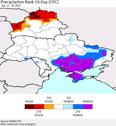 Ukraine, Moldova and Belarus Precipitation Rank since 1981, 10-Day (CPC) Thematic Map For 4/11/2019 - 4/20/2019