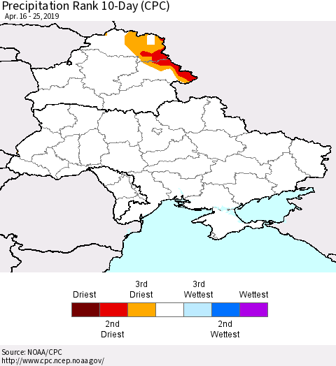 Ukraine, Moldova and Belarus Precipitation Rank 10-Day (CPC) Thematic Map For 4/16/2019 - 4/25/2019