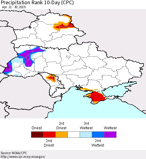 Ukraine, Moldova and Belarus Precipitation Rank 10-Day (CPC) Thematic Map For 4/21/2019 - 4/30/2019