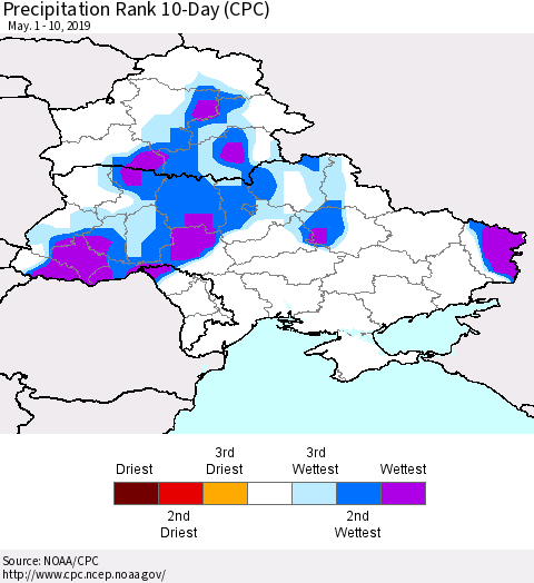 Ukraine, Moldova and Belarus Precipitation Rank 10-Day (CPC) Thematic Map For 5/1/2019 - 5/10/2019