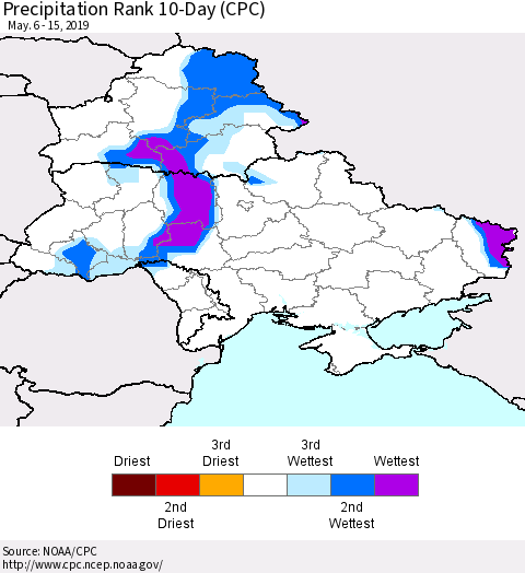 Ukraine, Moldova and Belarus Precipitation Rank 10-Day (CPC) Thematic Map For 5/6/2019 - 5/15/2019
