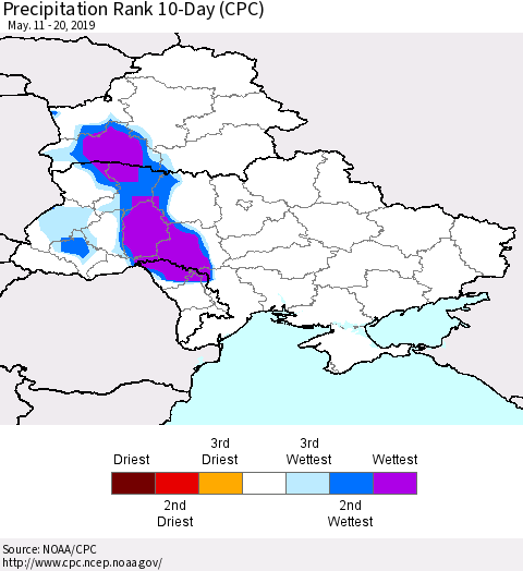 Ukraine, Moldova and Belarus Precipitation Rank 10-Day (CPC) Thematic Map For 5/11/2019 - 5/20/2019
