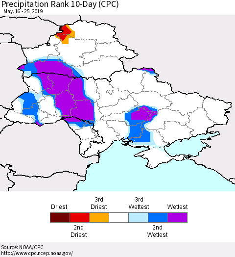 Ukraine, Moldova and Belarus Precipitation Rank 10-Day (CPC) Thematic Map For 5/16/2019 - 5/25/2019