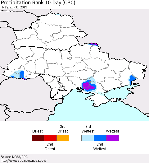 Ukraine, Moldova and Belarus Precipitation Rank since 1981, 10-Day (CPC) Thematic Map For 5/21/2019 - 5/31/2019