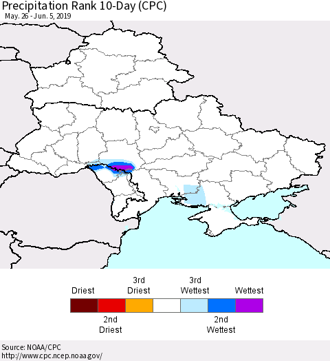 Ukraine, Moldova and Belarus Precipitation Rank 10-Day (CPC) Thematic Map For 5/26/2019 - 6/5/2019