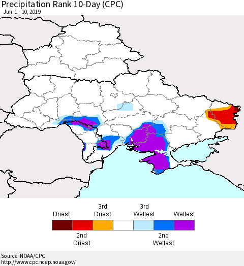 Ukraine, Moldova and Belarus Precipitation Rank 10-Day (CPC) Thematic Map For 6/1/2019 - 6/10/2019