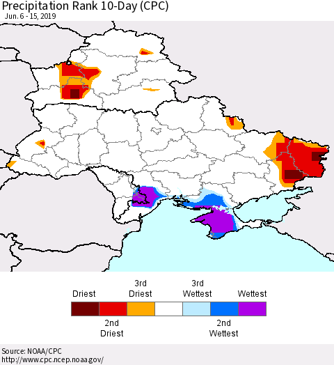 Ukraine, Moldova and Belarus Precipitation Rank since 1981, 10-Day (CPC) Thematic Map For 6/6/2019 - 6/15/2019