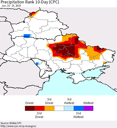Ukraine, Moldova and Belarus Precipitation Rank 10-Day (CPC) Thematic Map For 6/16/2019 - 6/25/2019