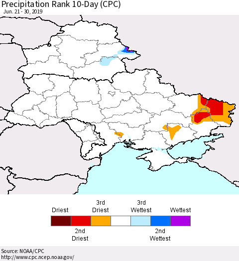 Ukraine, Moldova and Belarus Precipitation Rank 10-Day (CPC) Thematic Map For 6/21/2019 - 6/30/2019