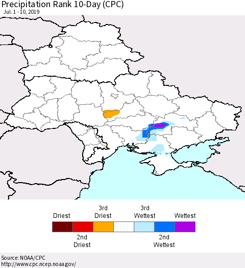 Ukraine, Moldova and Belarus Precipitation Rank 10-Day (CPC) Thematic Map For 7/1/2019 - 7/10/2019