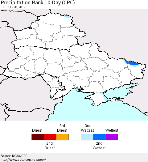 Ukraine, Moldova and Belarus Precipitation Rank 10-Day (CPC) Thematic Map For 7/11/2019 - 7/20/2019