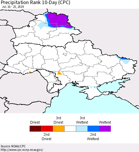 Ukraine, Moldova and Belarus Precipitation Rank 10-Day (CPC) Thematic Map For 7/16/2019 - 7/25/2019