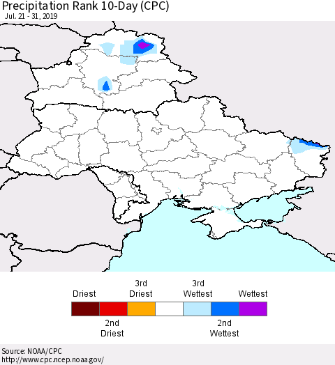 Ukraine, Moldova and Belarus Precipitation Rank 10-Day (CPC) Thematic Map For 7/21/2019 - 7/31/2019