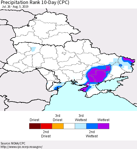 Ukraine, Moldova and Belarus Precipitation Rank 10-Day (CPC) Thematic Map For 7/26/2019 - 8/5/2019