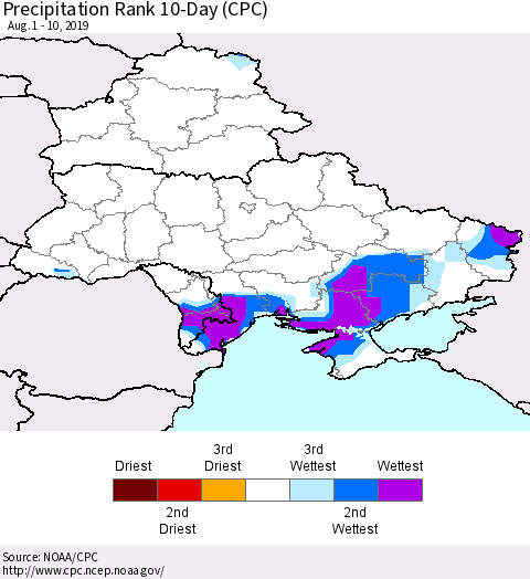 Ukraine, Moldova and Belarus Precipitation Rank since 1981, 10-Day (CPC) Thematic Map For 8/1/2019 - 8/10/2019