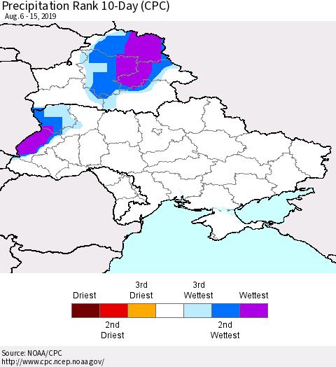 Ukraine, Moldova and Belarus Precipitation Rank 10-Day (CPC) Thematic Map For 8/6/2019 - 8/15/2019
