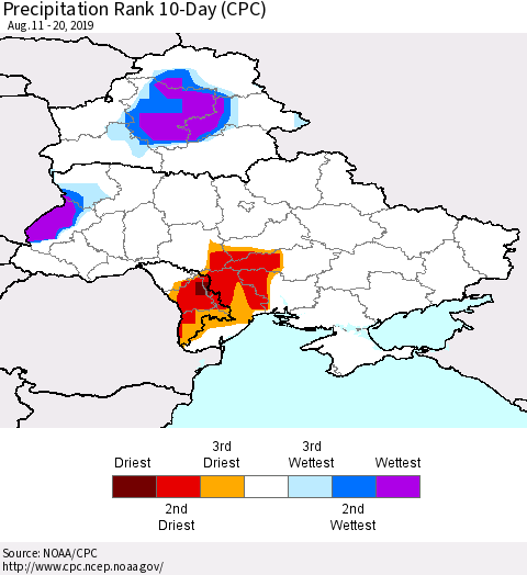 Ukraine, Moldova and Belarus Precipitation Rank 10-Day (CPC) Thematic Map For 8/11/2019 - 8/20/2019