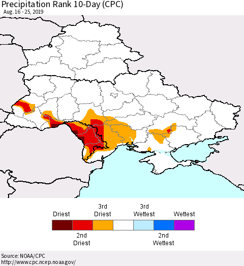 Ukraine, Moldova and Belarus Precipitation Rank since 1981, 10-Day (CPC) Thematic Map For 8/16/2019 - 8/25/2019